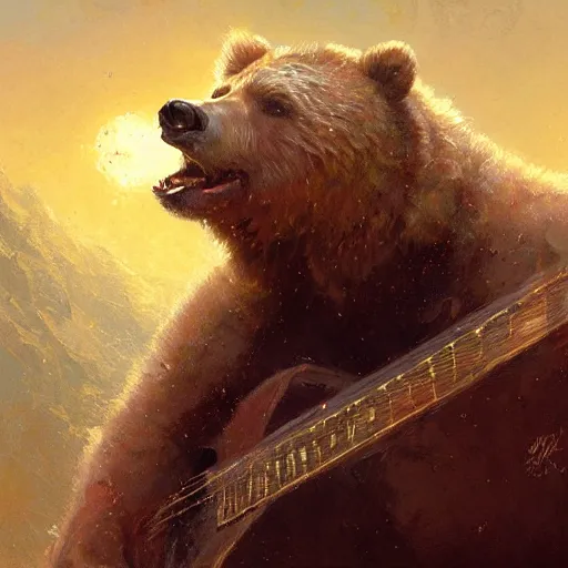 Prompt: realistic bear playing fantastic angularly guitar, fantasy character portrait by Greg Rutkowski, Craig Mullins, Gaston Bussiere