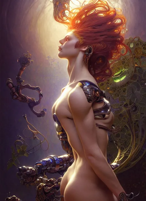 Image similar to cyborg recharging, diffuse lighting, fantasy, intricate, elegant, highly detailed, lifelike, photorealistic, digital painting, artstation, illustration, concept art, smooth, sharp focus, art by John Collier and Albert Aublet and James jean and Brian froud and ross tran and Artem Demura and Alphonse Mucha