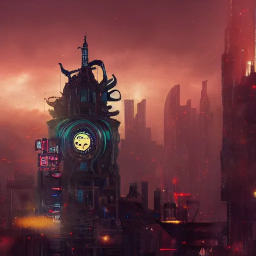 Image similar to dragon, artwork, cyberpunk, tower clock, night, digital art, realistic, 8 k, hd, disney, ice cream, sad