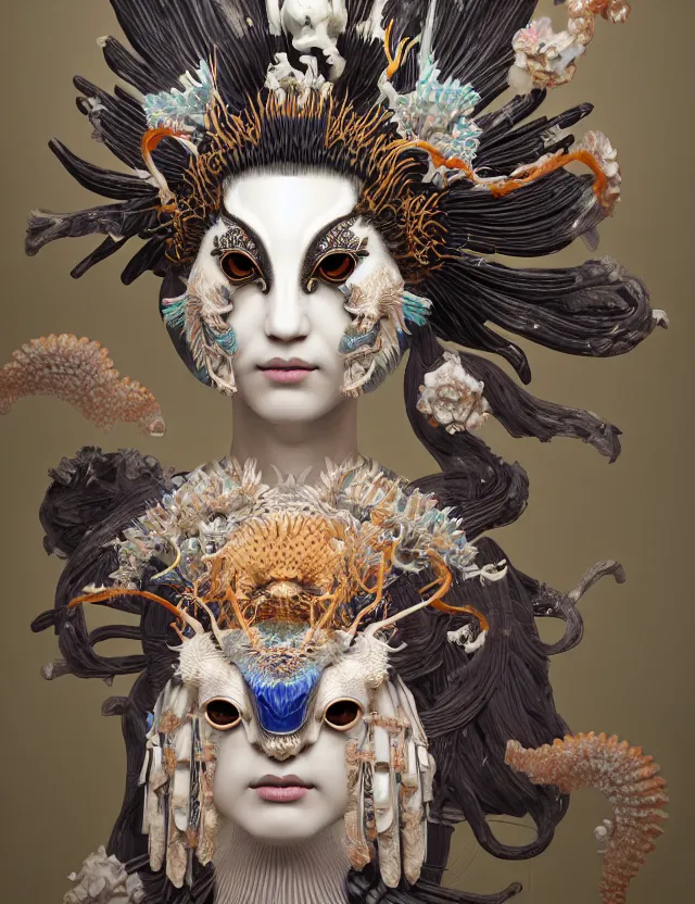 Image similar to 3 d goddess close - up 3 / 4 portrait with ram skull. beautiful intricately detailed japanese crow kitsune mask and clasical japanese kimono. betta fish, jellyfish phoenix, bio luminescent, plasma, ice, water, wind, creature, artwork by tooth wu and wlop and beeple and greg rutkowski