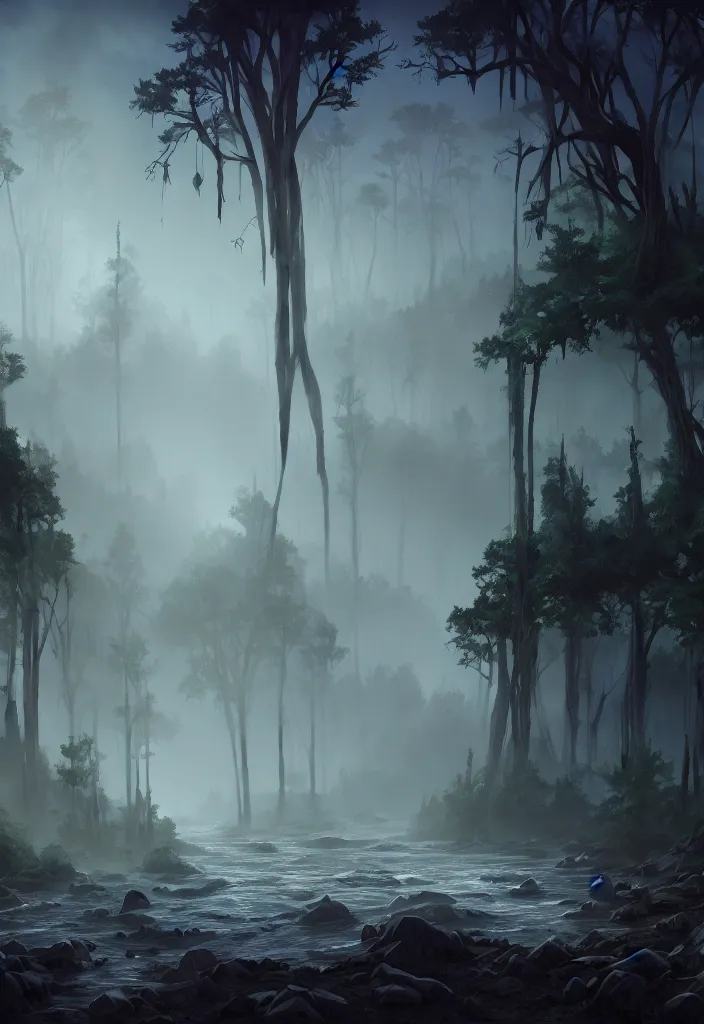 Image similar to forgotten society of tribal natives, large evil totems, gloomy sparse forest surrounding the blood rivers flowing through beach, visual novel key visual, award - winning digital art on pixiv, trending on artstation - cinematic lighting, dramatic lighting, stunning and beautiful scenery - highly detailed, hyperrealistic, unreal engine 5, in the style of kingdom hearts