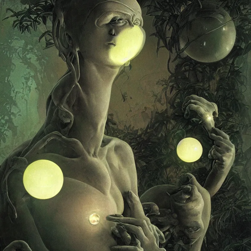 Prompt: a neoclassicist close - up portrait of an alien marble statue holding glowing orbs in a botanical garden at night. reflective textures. glowing fog. highly detailed fantasy science fiction painting by moebius, norman rockwell, frank frazetta, and syd mead. rich colors, high contrast, gloomy atmosphere, dark background. artstation