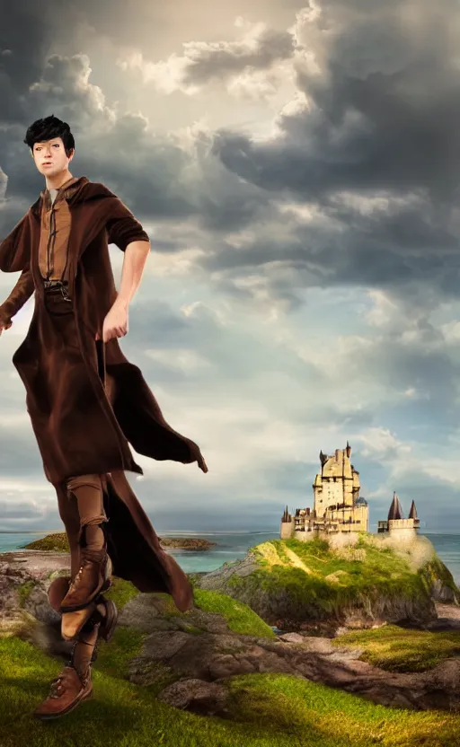 Prompt: portrait of young male wizard with black hair wearing a brown jerkin in front of a castle by the sea, photorealistic, dramatic lighting, intense clouds