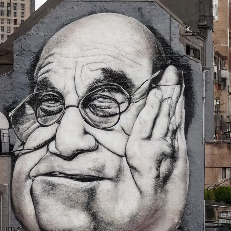 Image similar to Street-art portrait of Danny DeVito in style of Banksy, photorealism