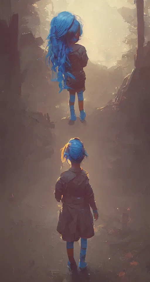 Image similar to little girl with blue hair, art by Greg Rutkowski, Simon Stalenhag, trending on Artstation, CGSociety