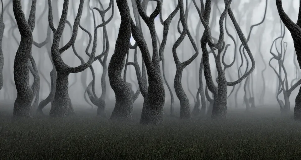 Prompt: a 3d render of a creepy foggy forest with twisted trees, by pixar and tim burton