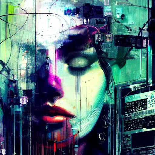 Image similar to beautiful young cybernoir woman vr dreaming in a glitchcore world of wires, and machines, by jeremy mann, francis bacon and agnes cecile, and dave mckean ink drips, paint smears, digital glitches glitchart