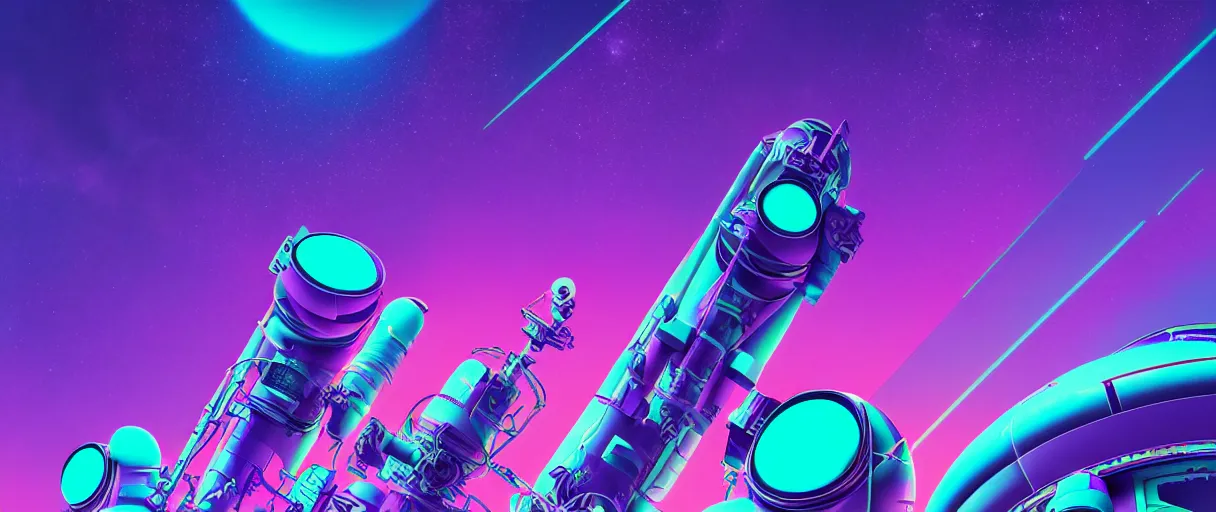 Image similar to hyper detailed 2090s neo-surreal neon purple and teal propaganda torn poster of space workers sharp cinematic lighting 8k wide angle shallow depth of field