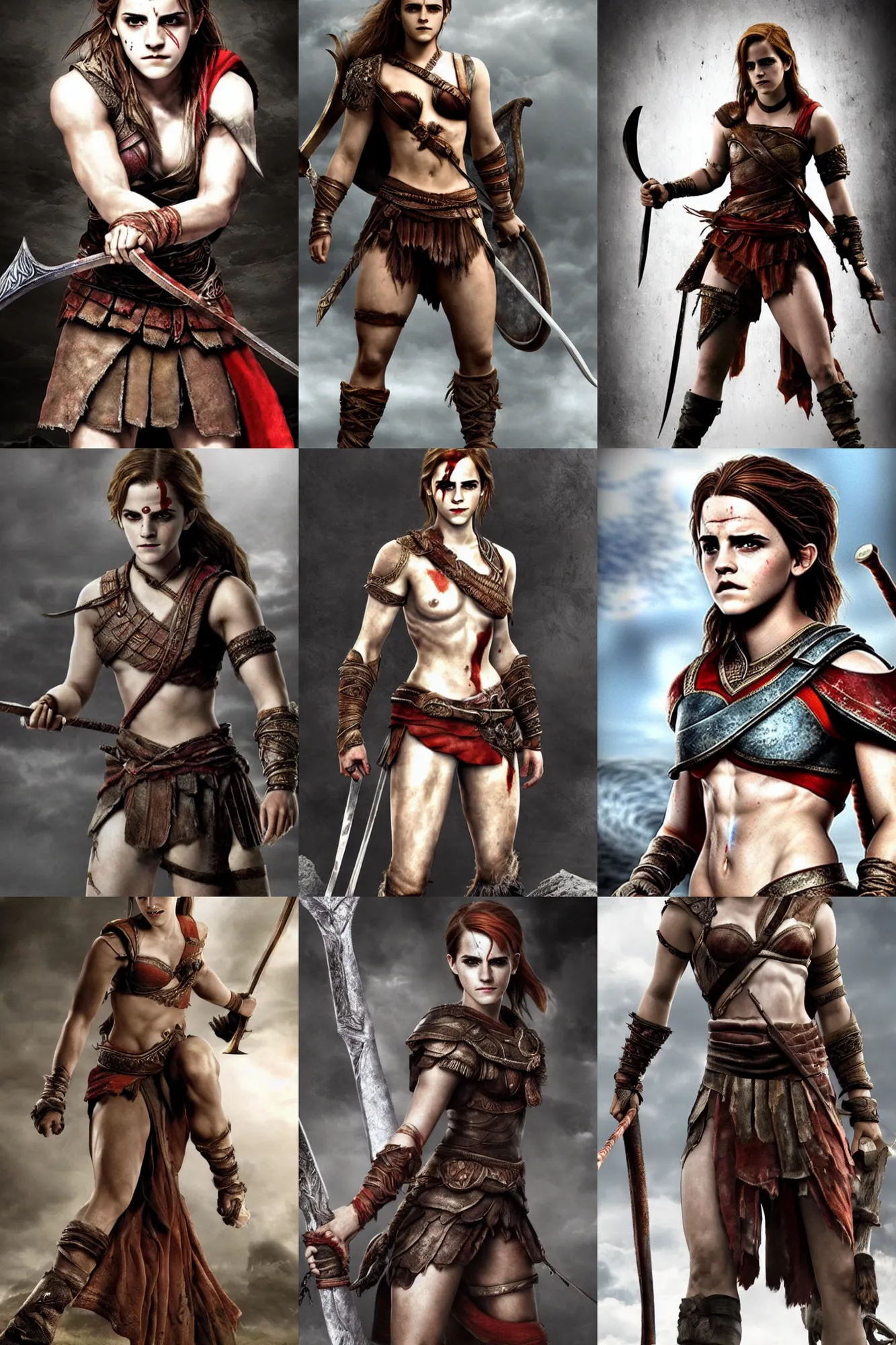 Image similar to Emma Watson as Kratos, brutal, detailed realistic, photorealistic, full body