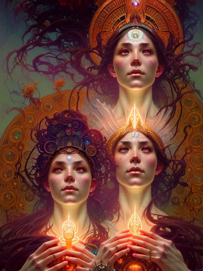 Image similar to ultra realistic, altar of cosmic goddess, intricate details, eerie, awakening, artstation, atmospheric, highly detailed, photorealistic, hyperrealism, 8k, art by artgerm and greg rutkowski and alphonse mucha