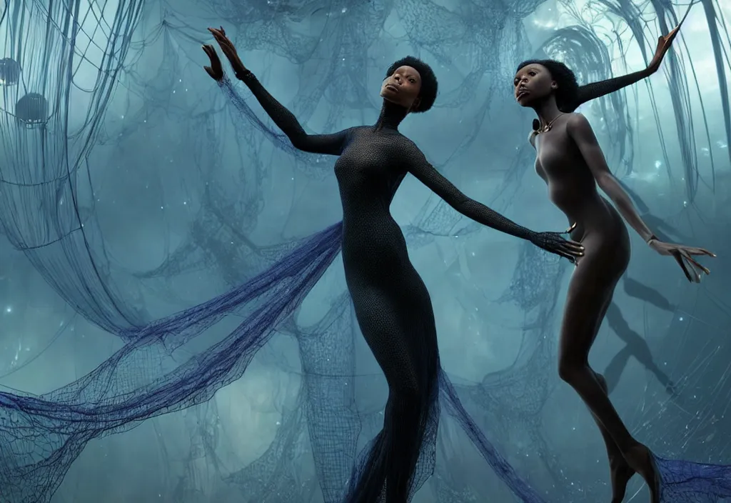 Image similar to realistic detailed portrait movie shot of a single beautiful black woman in a transparent sheer fabric dress dancing with a giant spider, futuristic sci fi landscape background by denis villeneuve, monia merlo, yves tanguy, ernst haeckel, alphonse mucha, max ernst, caravaggio, roger dean, sci fi necklace, masterpiece, dreamy, rich moody colours