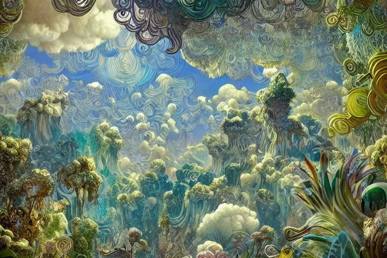 Image similar to simplicity, a huge flock of many ornate mottled puffy filigreed clouds tangled into large whirling ultra detailed crystal specimens, art nouveau jungle environment, playful, award winning art, epic dreamlike fantasy landscape, ultra realistic,