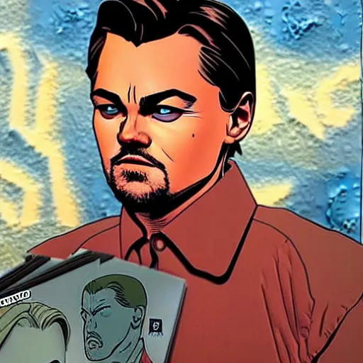 Image similar to the hyper - realistic portrait of leonardo dicaprio in a comic book by frank miller