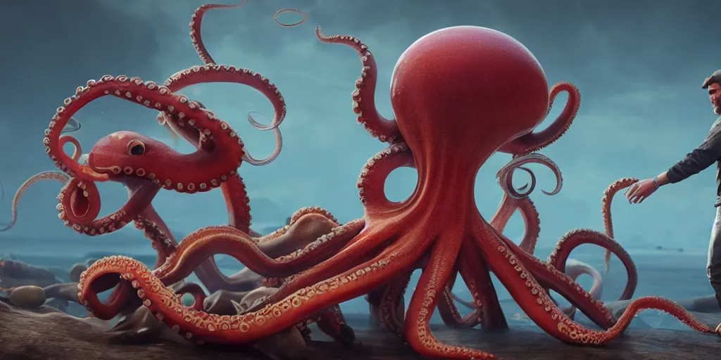 Prompt: a man and his octopus. Trending on artstation, award winning. Octane render, 4k, 8k, unreal 5, very detailed, hyper control-realism.