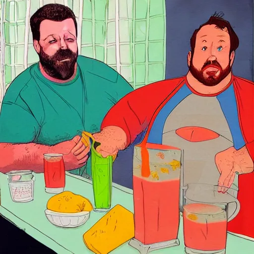 Image similar to Bert Kreischer fat eating Kool aid straight from the jar, photorealistic