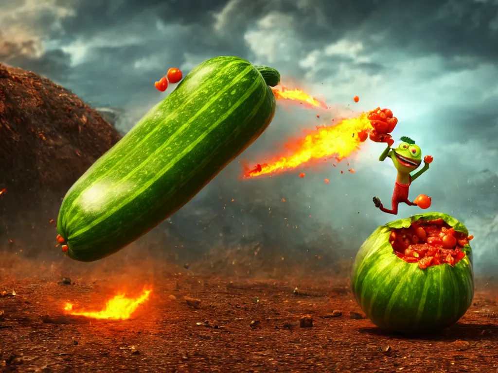 Image similar to detailed 3 d render of a raging zucchini character with burning scissors running on dirt road, scared tomates scattered everywhere, high speed action, explosions, dramatic scene, hyper realistic octane render, cinematic lighting, splatter, deviantart, black sky, lowbrow, frame from pixar movie