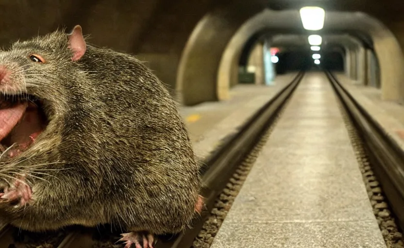 Prompt: very large giant zombie rat on railways in tonnel of moscow metro. extreme high detail. low dark light, scary atmosphere