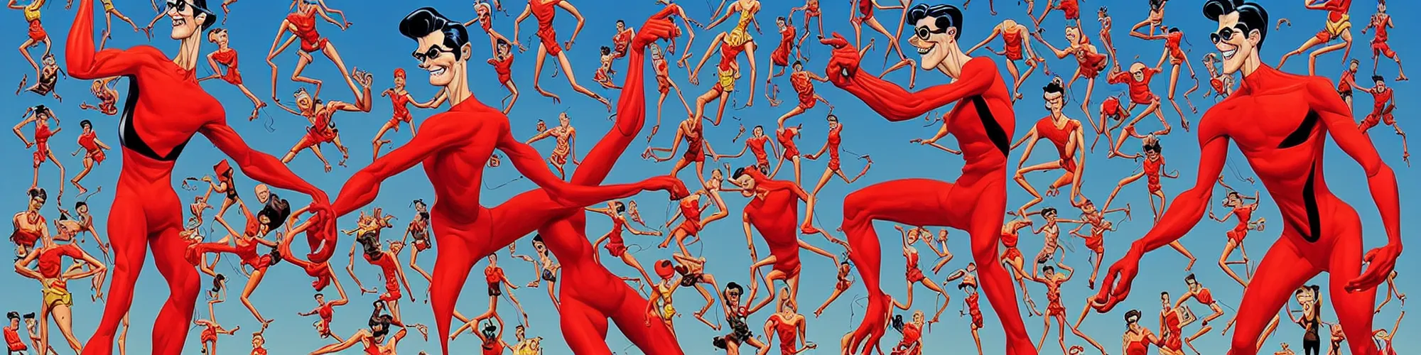 Prompt: plasticman showing off his weird limbs illustrated by james jean with very long hands and arms and fingers and legs and feet twirling and twisting around at a very sunny park in a very crowded city with people looking surprised and stunned, funny, silly