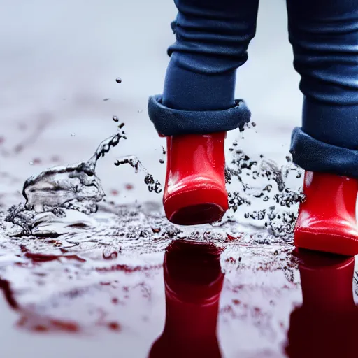 Prompt: digital art of a baby pig wearing red rainboots in a puddle, 8 k render, octane render, saturated