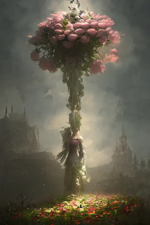 Image similar to a fancy portrait of a giant floating flower by Greg Rutkowski, Sung Choi, Mitchell Mohrhauser, Maciej Kuciara, Johnson Ting, Maxim Verehin, Peter Konig, Bloodborne , 8k photorealistic, cinematic lighting, HD, high details, atmospheric , trending on artstation