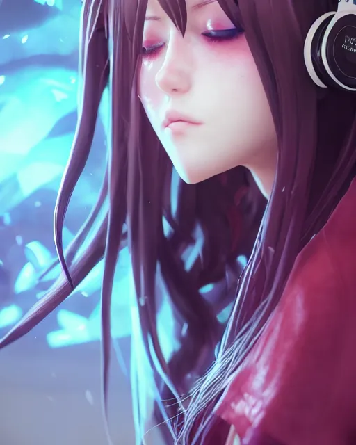 Image similar to beautiful portrait of a woman with pastel long hair with her eyes closed facing the camera with headphones on in the style of a code vein character, momo from twice in code vein in the style of WLOP, artgerm, yasutomo oka, rendered in unreal engine and redshift octane , dynamic dramatic lighting, soft lighting, imagine fx, artstation, cgsociety, by Bandai Namco artist, background is surrounded by epic neon glitch effect digital art