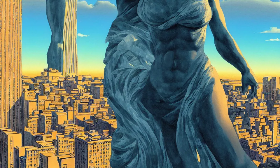 Prompt: digital painting of a massive greek sculpture a beautiful massive female statue surrounded hovering over the new york skyline, by syd mead and jack kirby, color scheme, kirby crackle, arik roper, concept art