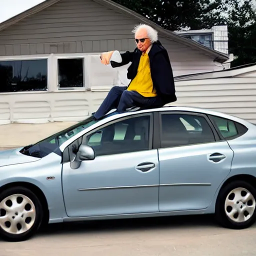 Prompt: larry david standing on roof of 2009 prius, andy worhol painting