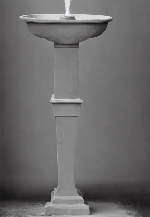 Prompt: a historical archive of fountain ( fontaine ) readymade by marcel duchamp, archival pigment print, 1 9 2 0, conceptual art, white, grey, gray, underexposed grey, hues of subtle grey, ready - made, studio shoot, studio lighting