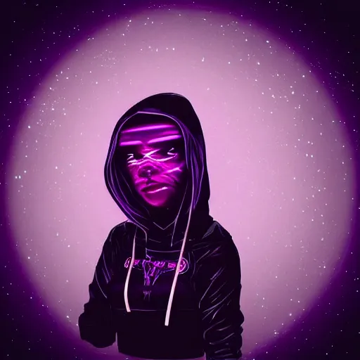 Image similar to “Sci fi, A female, full body, black hair with purple streaks, black hoodie with tech on it”