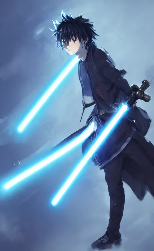 Prompt: anime boy with messy blue hair wearing black long jacket holding an dual blade lightsaber, WLOP, concept art, digital painting, trending on artstation, highly detailed, epic composition, 8k UHD