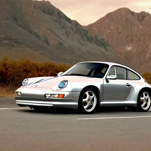 Prompt: Porsche 911 Concept car, 1996 tv ad footage