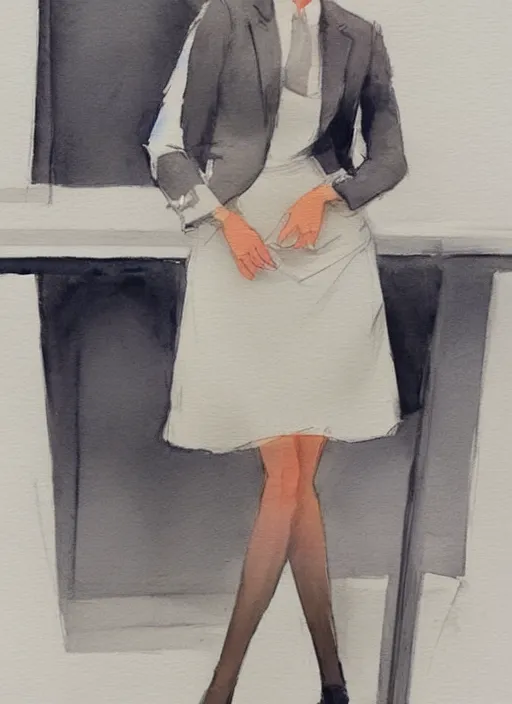 Image similar to concept art of a modern office life, young attractive business woman, pencil miniskirt, pinterest, artstation trending, behance, watercolor, by coby whitmore, silver, laser light,