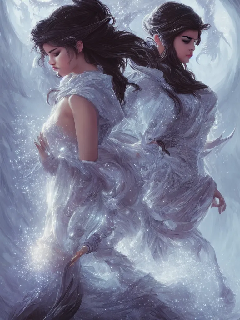 Image similar to Selena Gomez casting an frost spell, D&D, fantasy, intricate, elegant, highly detailed, digital painting, artstation, concept art, matte, sharp focus, illustration, hearthstone, art by Artgerm and Greg Rutkowski and Alphonse Mucha