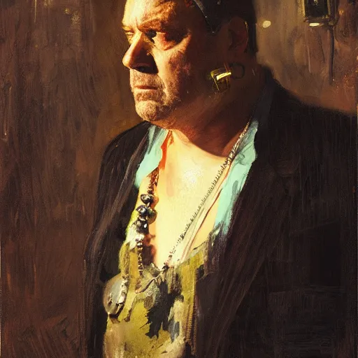 Prompt: portrait of a cyberpunk john goodman with earring and gold necklace, by jeremy mann, anders zorn.