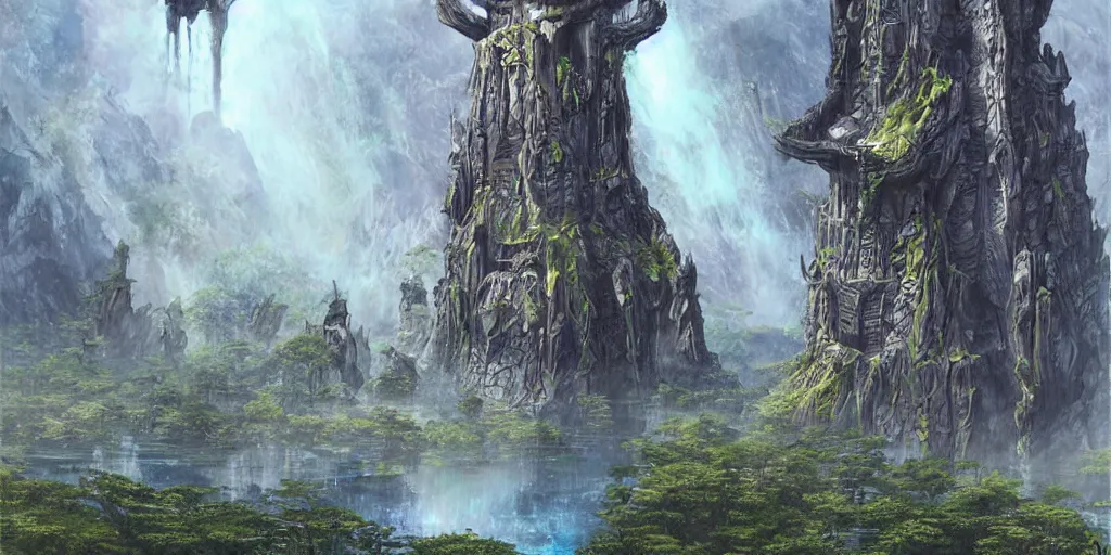 Prompt: side tower on dark evil malachite stronghold, brutal architecture with black waterfall, towering under outer world forrest, rivers and lakes, art by Dmitry Dubinsky, masterpiece