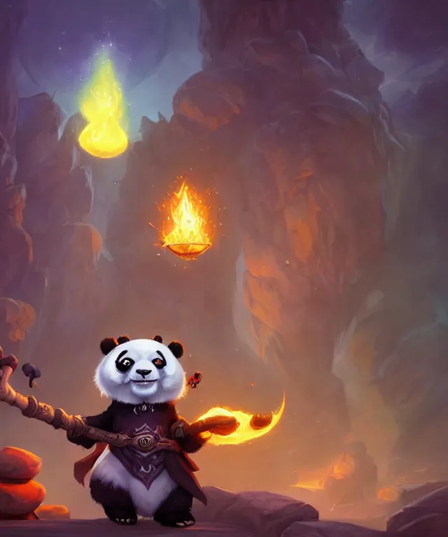 Prompt: a portrait an anthropomorphic panda mage casting a spell, wearing mage robes, landscape in background, cute, dnd character art portrait, by world of warcraft and peter mohrbacher, cinematic lighting