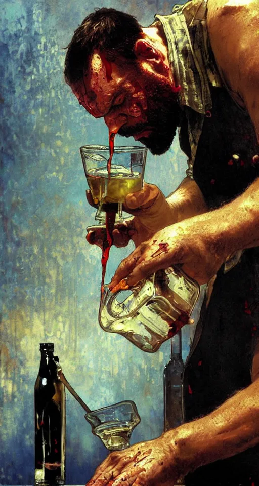 Image similar to close up of bloodied max payne pouring a drink, sun shining, photo realistic illustration by greg rutkowski, thomas kindkade, alphonse mucha, loish, norman rockwell.