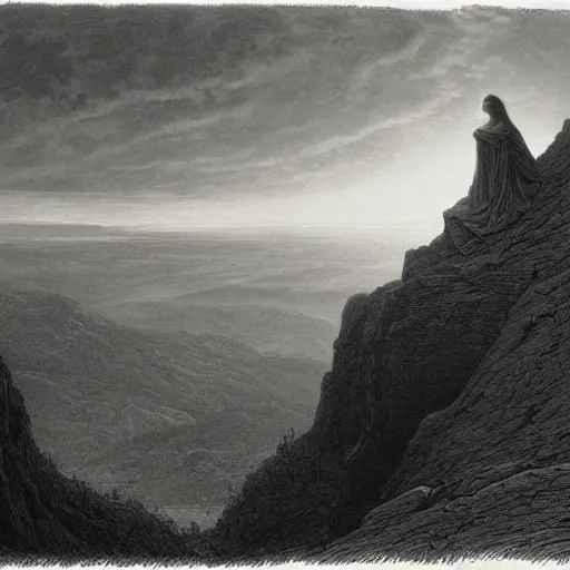 Image similar to A lonely woman looks down from a huge cliff, mountains, gorgeous view, velly distant forest, distant city, distant glow, night, sunset, dramatic light, Chiaroscuro, long shadows, dark, masterpiece, high detail, detailed, illustration by Paul Gustave Doré