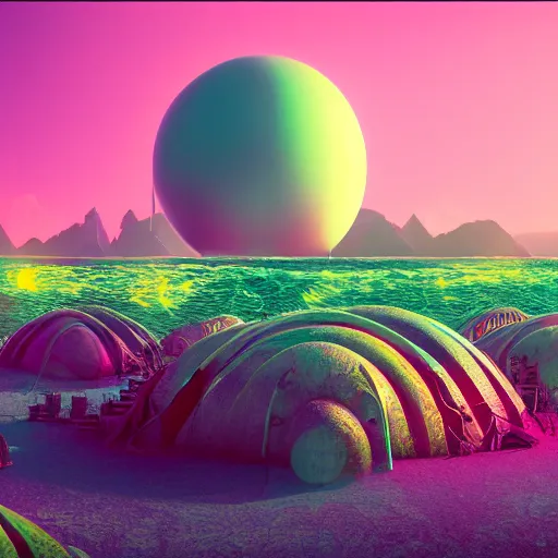 Prompt: panorama,utopia,science fiction,bio-inspired,organic,sunny,michael whelan,retro wave, pink hues,octane render