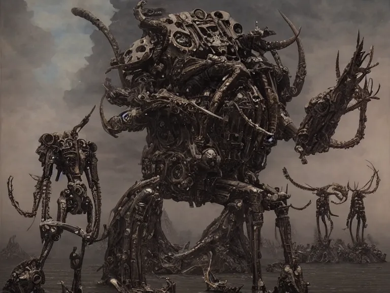 Image similar to still frame from Prometheus by Jakub Rozalski and utagawa kuniyoshi, infinite Hell Scape with gigantic mecha demon and ornate bone cyborgs by Wayne Barlowe by peter Mohrbacher by Giger, dressed by Alexander McQueen and by Neri Oxman, metal couture hate couture editorial