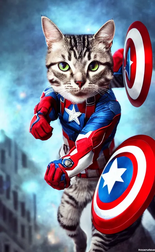 Image similar to cat as captain america, dynamic lighting, cinematic, ultra detailed, trending on art station, stunning visuals, creative, fantasy concept art