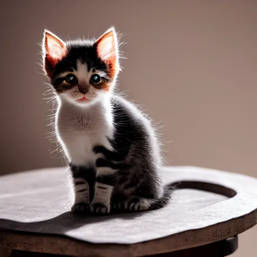 Image similar to a small kitten sitting on top of the table, award winning photography, HDR, natural lighting, , medium close shot, shot on Canon EOS R5, f/2.5,