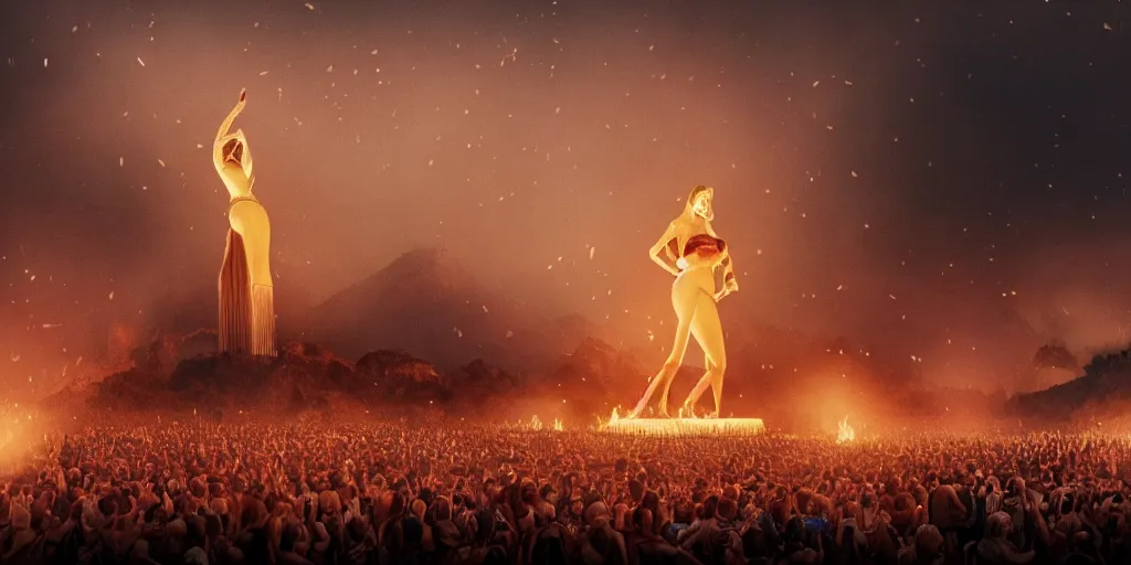 Prompt: realistic cinematic views of a orwellian coachella with fires in the background and dead birds falling from the sky in front of the main stage worshipping a large statue of kim kardashian, hyper detailed, terror glows, hyper realistic, digital painting, 8 k, 3 5 mm film grain, octane render