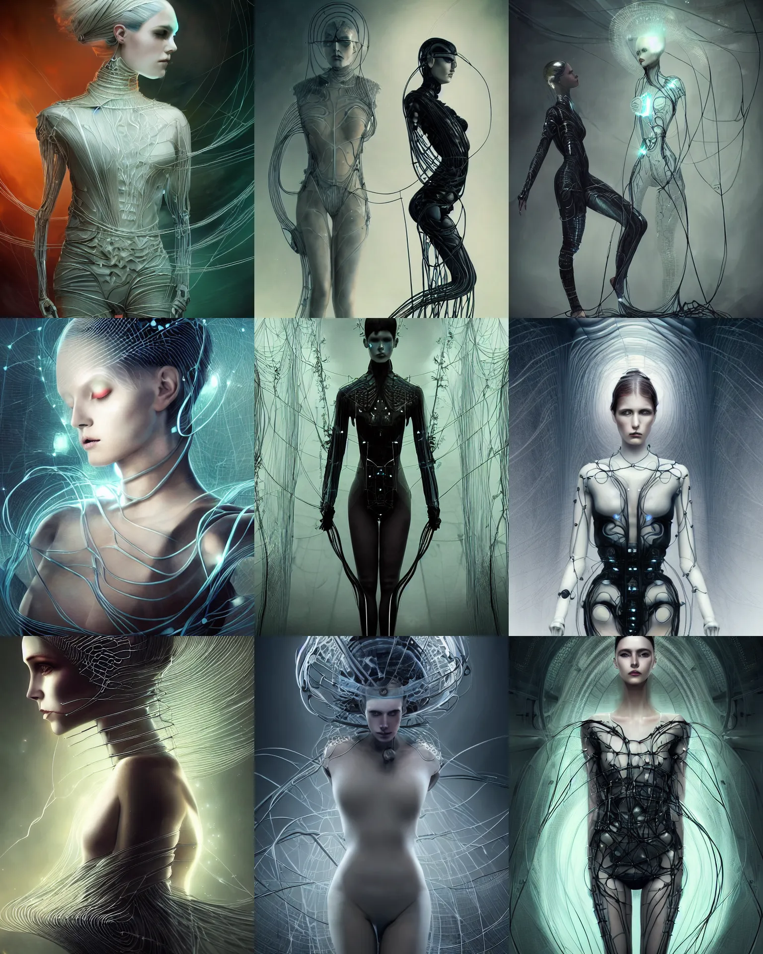 Prompt: charlie bowater and tom bagshaw symmetrical full body character portrait of the borg queen of sentient parasitic flowing ai, floating in a powerful zen state, avant garde fashion model, wearing bodysuit made of wires and fractal ceramic, machinery enveloping nature in the background, artstation scifi character digital concept, unreal engine, hyper realism, sharp focus