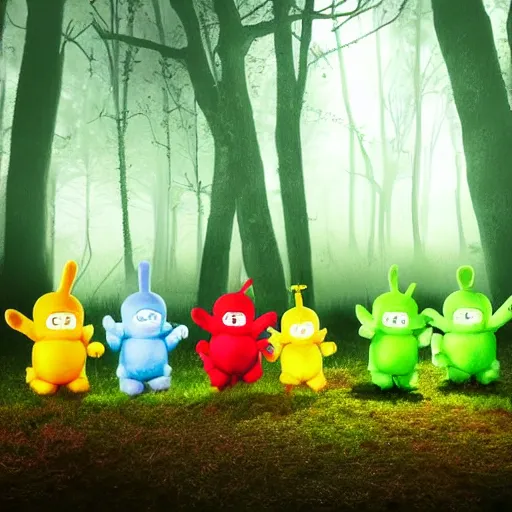 Prompt: demonic teletubbies in magical forest, dark atmosphere, high detail, soft lighting