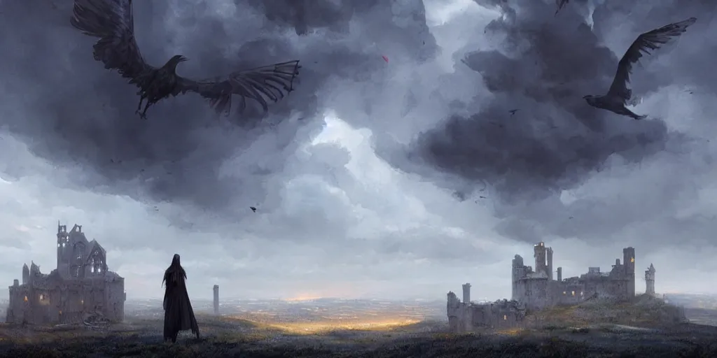 Prompt: A half raven half human magical being looks out over an imposing medieval castle in the distance, dark fantasy, stormy sky, lightning, digital art by Greg Rutkowski and Studio Ghibli