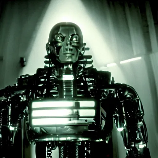 Image similar to movie still of a cool cyborg, cinematic composition, cinematic light, by john carpenter