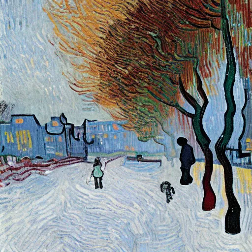 Prompt: a boy with colored dread hair walking in snow, 6 : 3 0 am, painted by van gogh