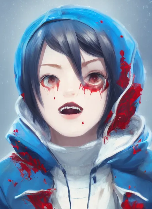 Image similar to a highly detailed illustration of short hair cute japanese girl wearing blood stained blue hoodie with the word nevada on it, dramatic smile pose, intricate, elegant, highly detailed, centered, digital painting, artstation, concept art, smooth, sharp focus, league of legends concept art, WLOP