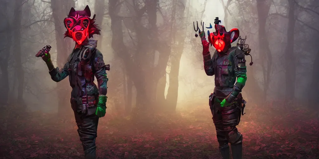Image similar to detailed miniature diorama of a beautifully strange a gamekeeper wearing a solarpunk mechanical fluorescent mystical animal mask and red hoods. walking in the misty swamp. in style of fornite game. award winning. dramatic. trending on artstation. high quality. rendered by beeple, digital art, unreal engine 5, fornite game. octane render